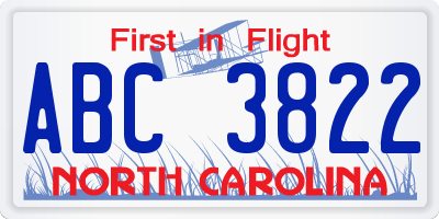 NC license plate ABC3822
