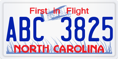 NC license plate ABC3825