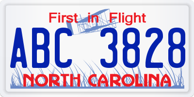 NC license plate ABC3828