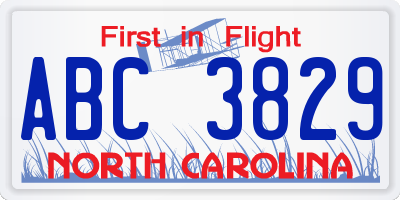 NC license plate ABC3829