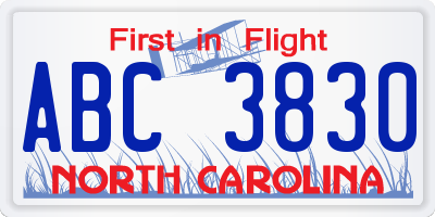 NC license plate ABC3830