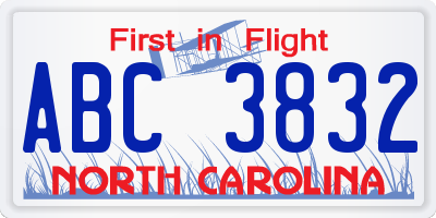 NC license plate ABC3832
