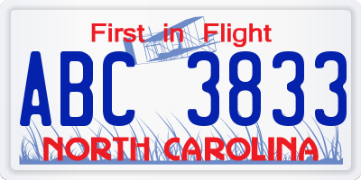 NC license plate ABC3833