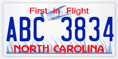 NC license plate ABC3834