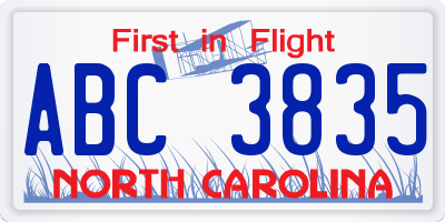 NC license plate ABC3835