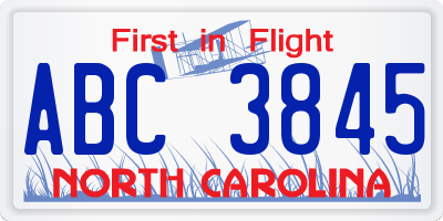 NC license plate ABC3845