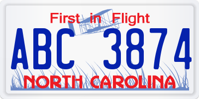 NC license plate ABC3874