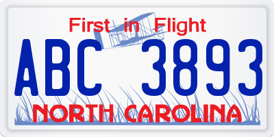 NC license plate ABC3893