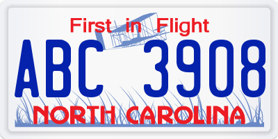 NC license plate ABC3908