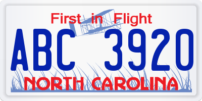 NC license plate ABC3920