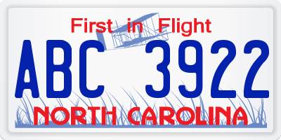 NC license plate ABC3922