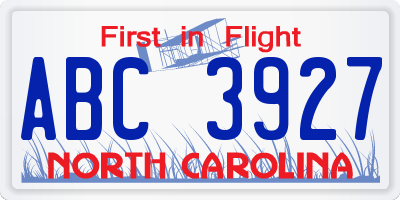 NC license plate ABC3927