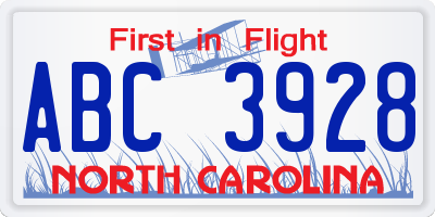 NC license plate ABC3928