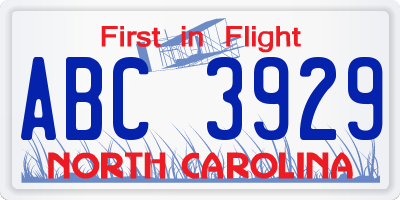 NC license plate ABC3929