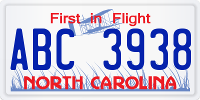 NC license plate ABC3938