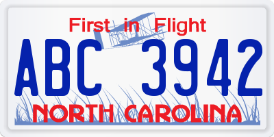 NC license plate ABC3942