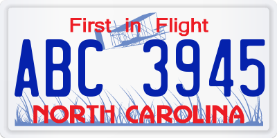NC license plate ABC3945