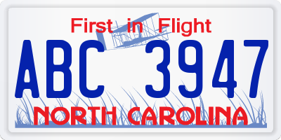 NC license plate ABC3947