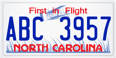 NC license plate ABC3957
