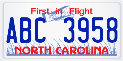 NC license plate ABC3958