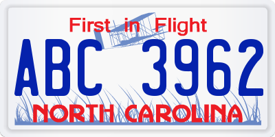 NC license plate ABC3962