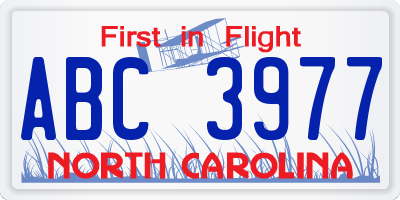 NC license plate ABC3977
