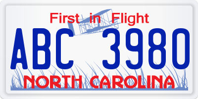 NC license plate ABC3980