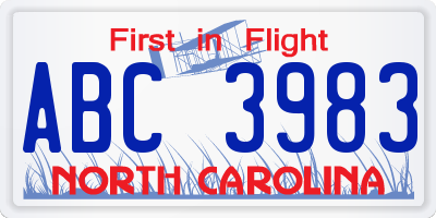 NC license plate ABC3983