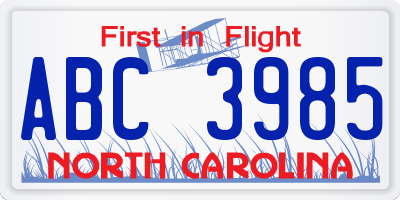 NC license plate ABC3985