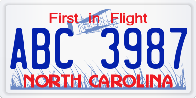 NC license plate ABC3987