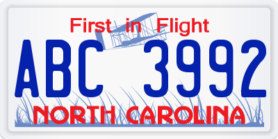 NC license plate ABC3992