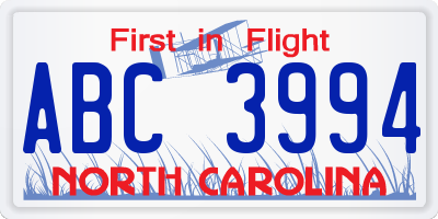 NC license plate ABC3994