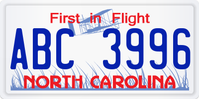 NC license plate ABC3996