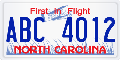 NC license plate ABC4012