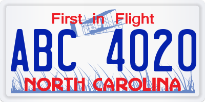 NC license plate ABC4020