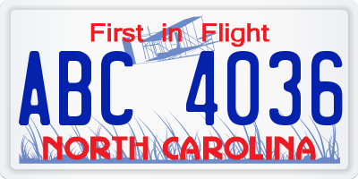 NC license plate ABC4036