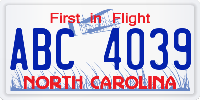 NC license plate ABC4039