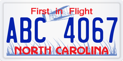 NC license plate ABC4067