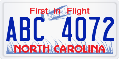 NC license plate ABC4072