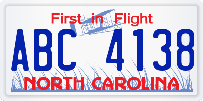 NC license plate ABC4138