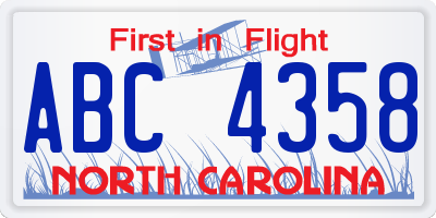 NC license plate ABC4358