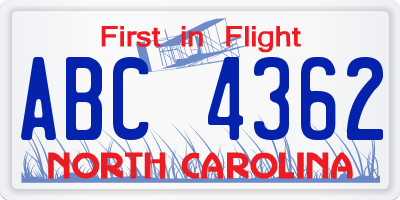 NC license plate ABC4362