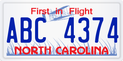 NC license plate ABC4374