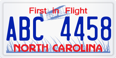 NC license plate ABC4458