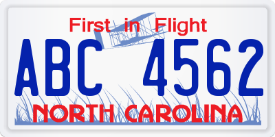 NC license plate ABC4562