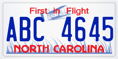 NC license plate ABC4645