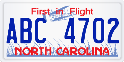 NC license plate ABC4702