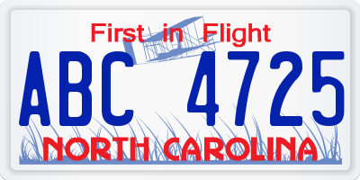 NC license plate ABC4725