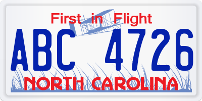 NC license plate ABC4726
