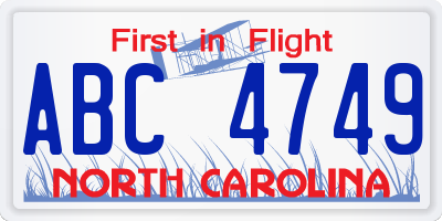NC license plate ABC4749